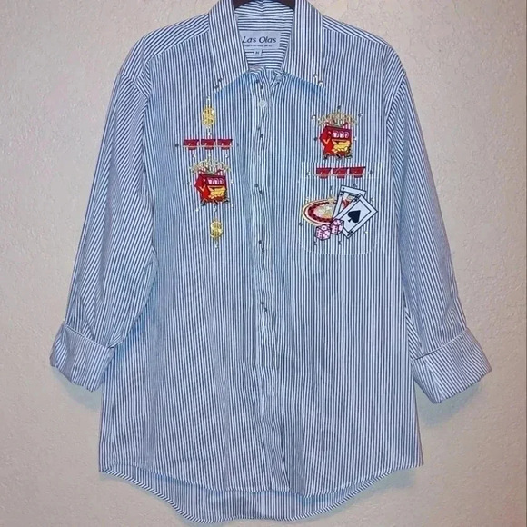 Las Olas Tops - Las Olas Woman's Black Striped Gambling themed Shirt Size Medium